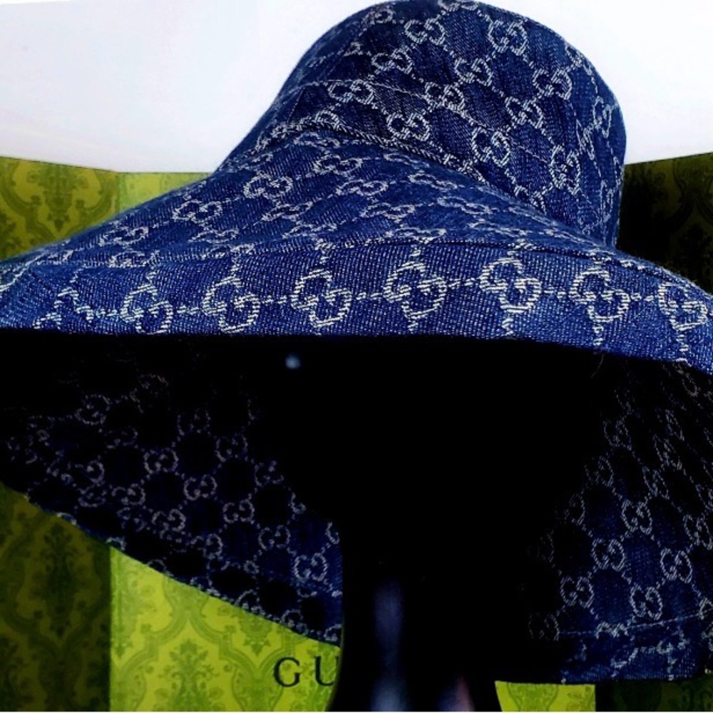 Denim Monogram Bucket Hat w Wide Large Brim Trim Jacquard Sun Coverage Navy Blue - Picture 6 of 16